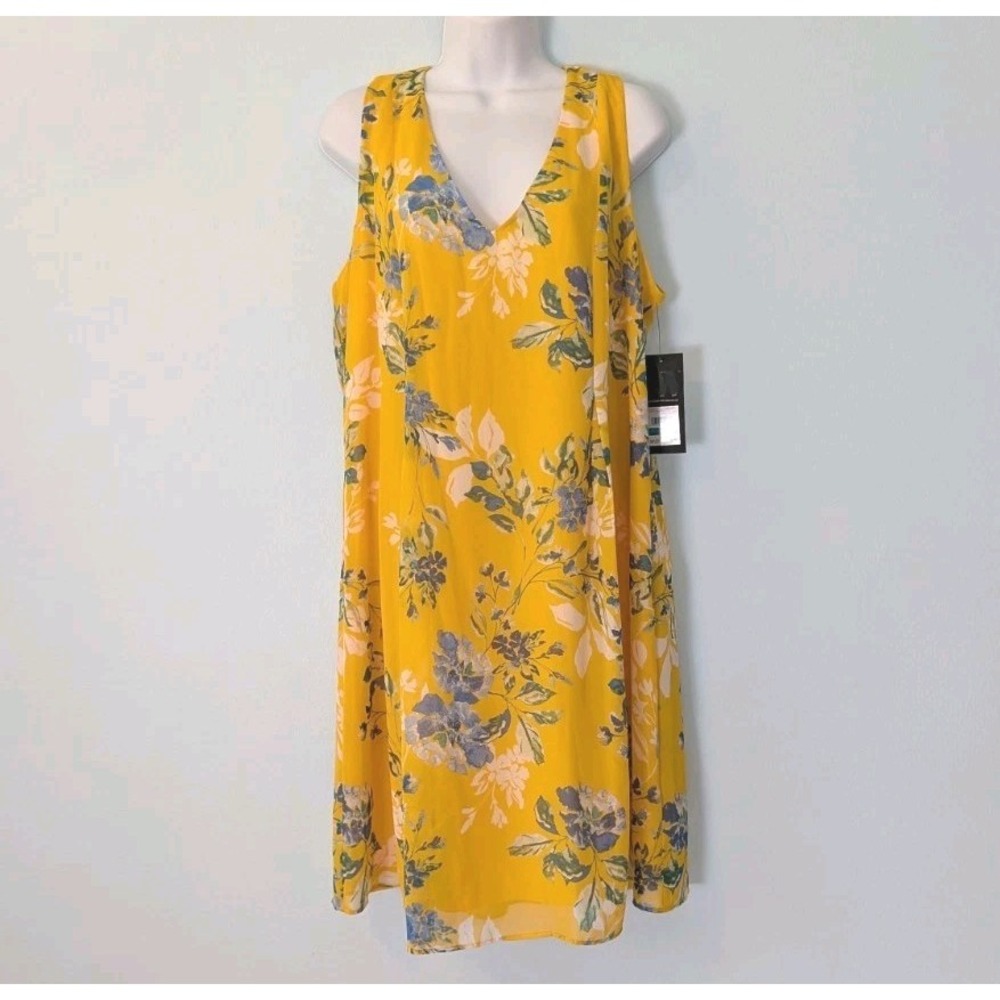 Nine West Yellow Floral Dress Women's 16 Sheer Fully Lined Back Neck Tie NWT